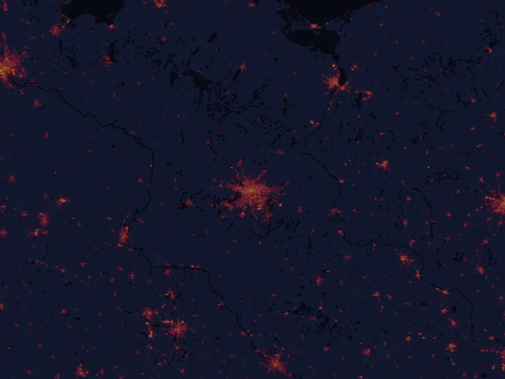 NASA satellite night-lights map of Berlin with every place marked