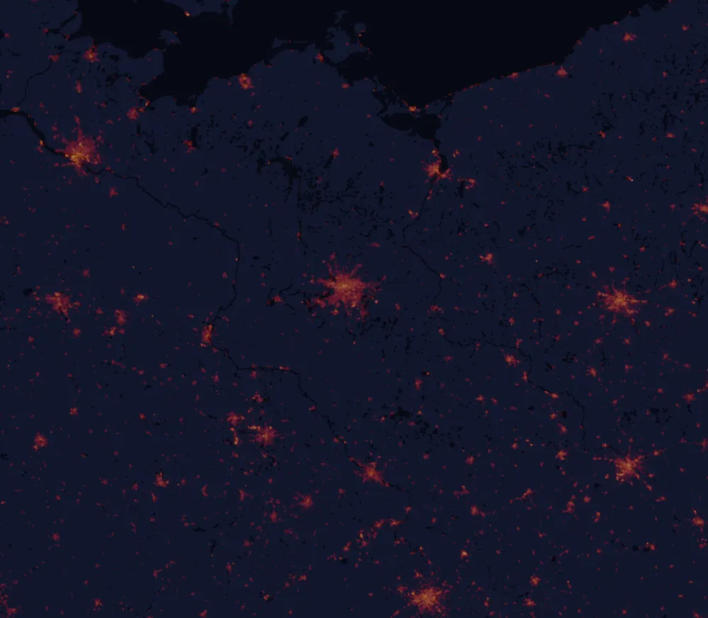 NASA satellite night-lights map of Brandenburg with every place marked