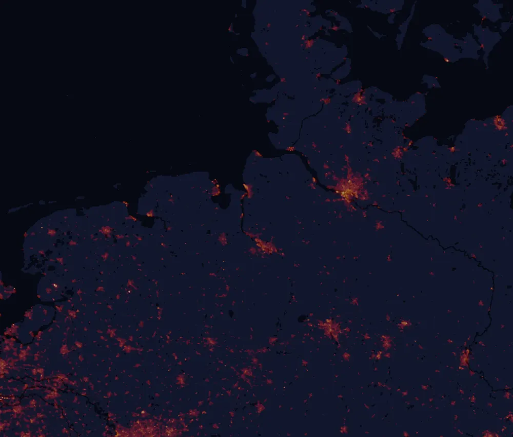 NASA satellite night-lights map of Bremen with every place marked