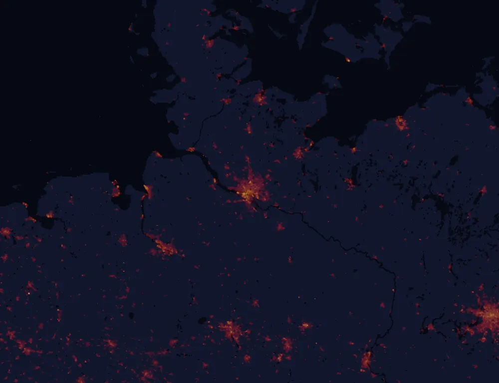 NASA satellite night-lights map of Hamburg with every place marked
