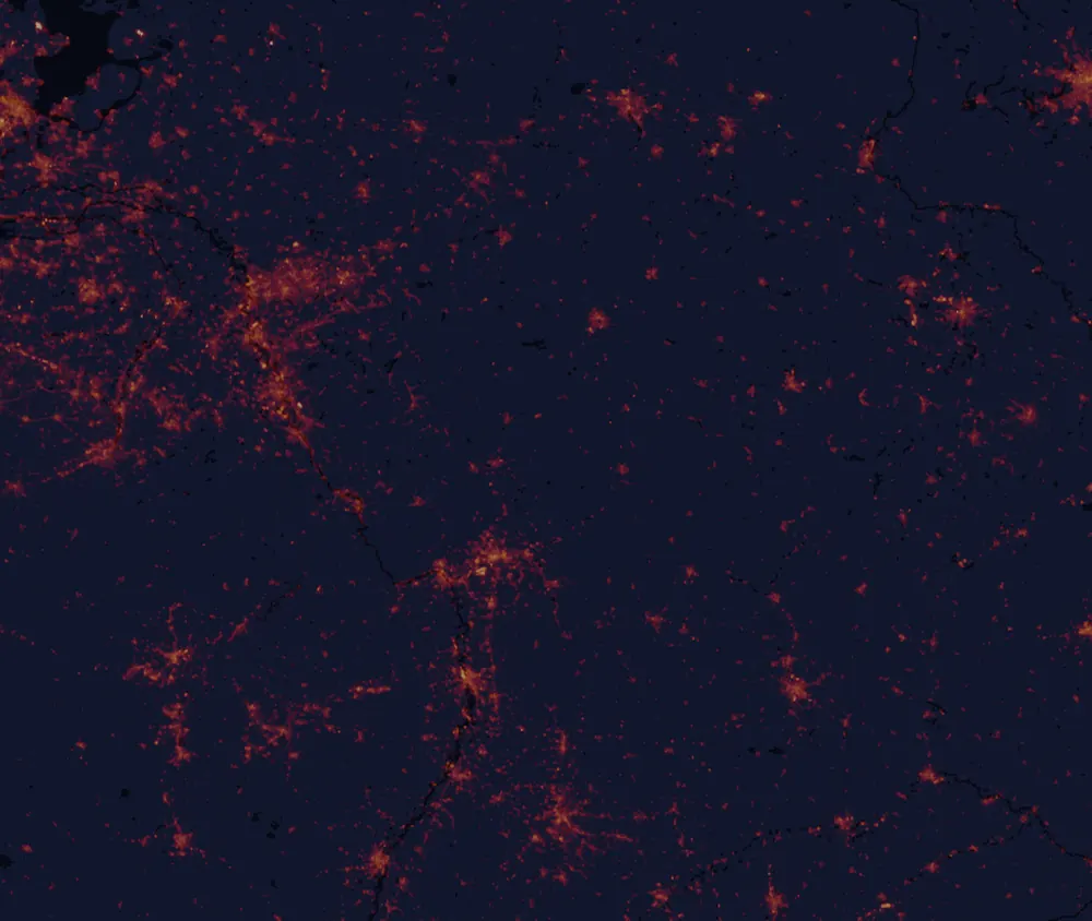 NASA satellite night-lights map of Hesse with every place marked