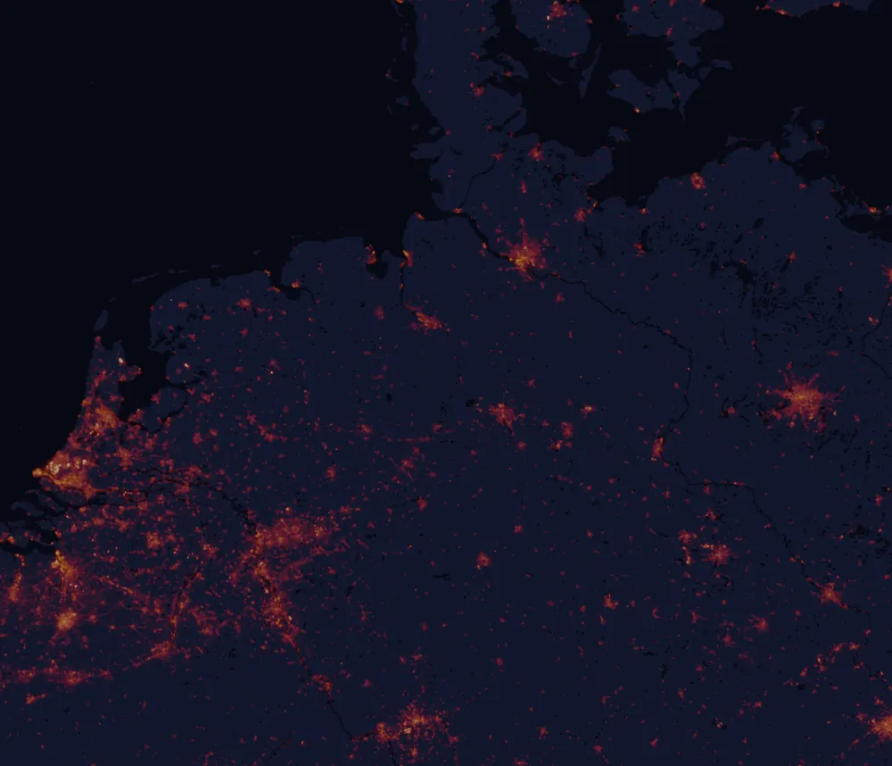 NASA satellite night-lights map of Lower Saxony with every place marked