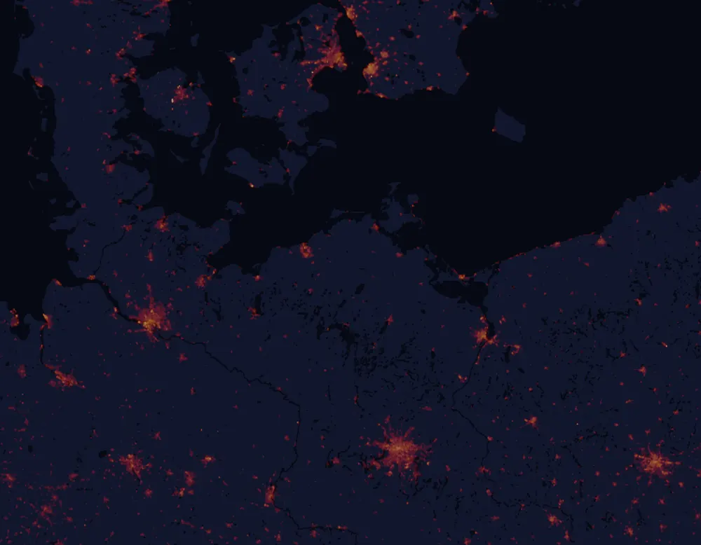NASA satellite night-lights map of Mecklenburg-Vorpommern with every place marked
