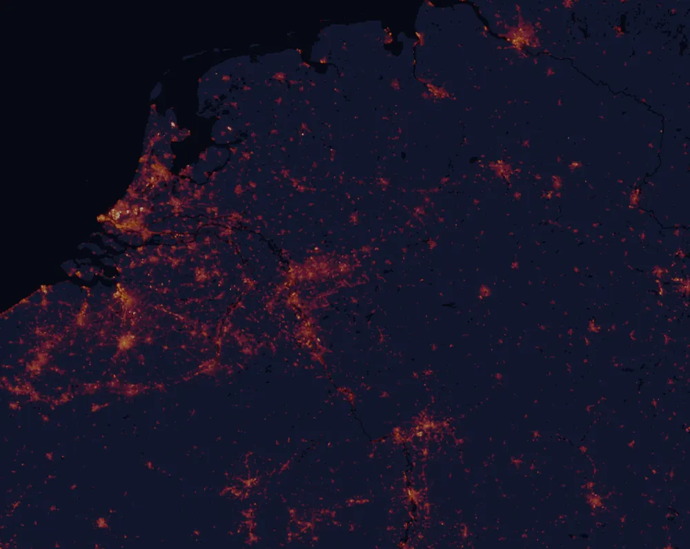 NASA satellite night-lights map of North Rhine-Westphalia with every place marked