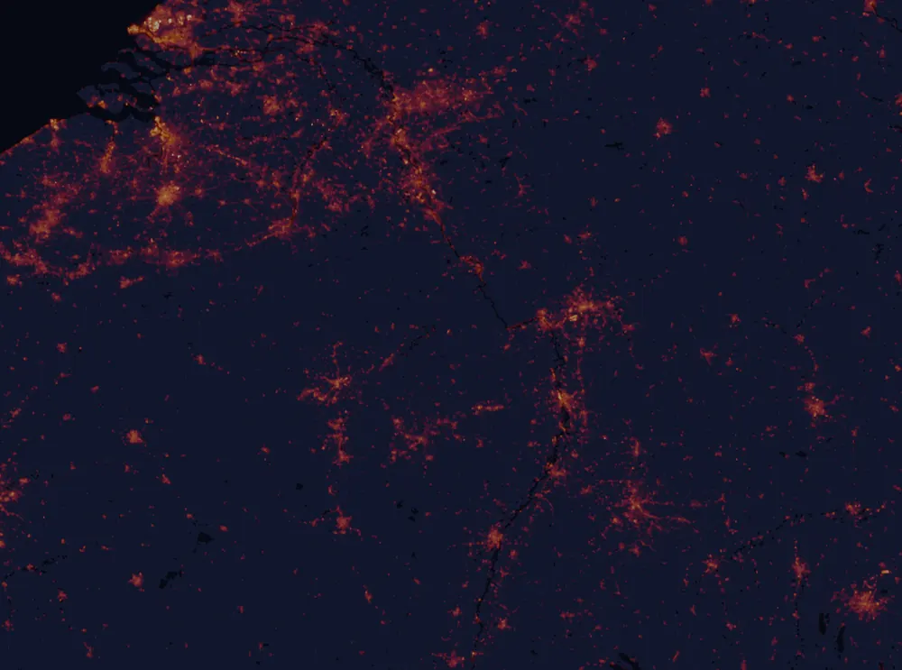 NASA satellite night-lights map of Rhineland-Palatinate with every place marked