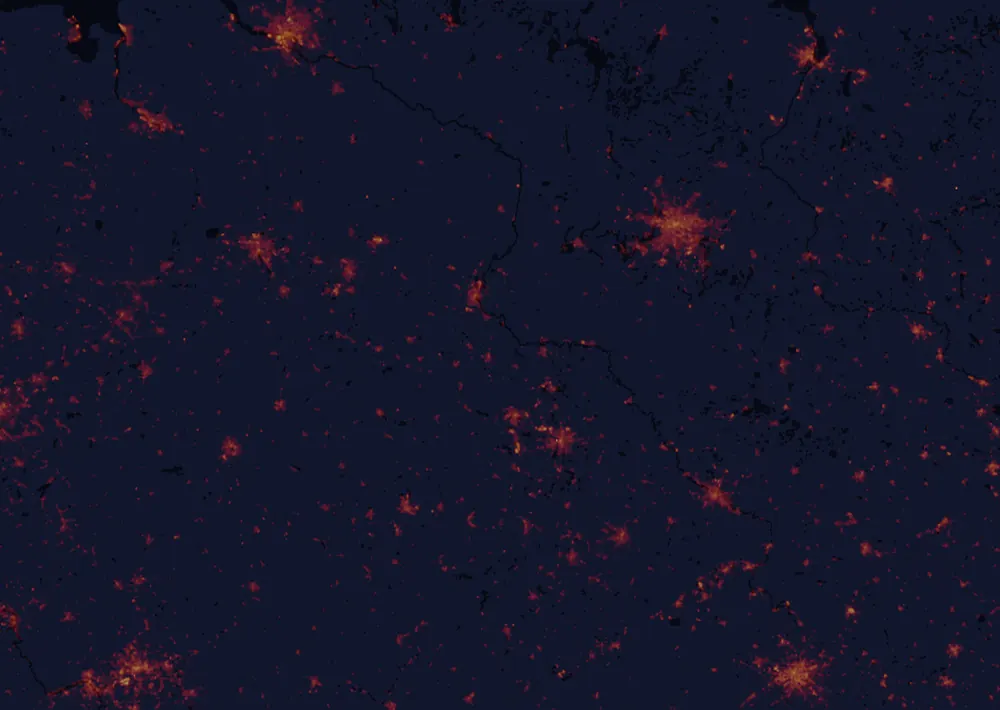 NASA satellite night-lights map of Saxony-Anhalt with every place marked