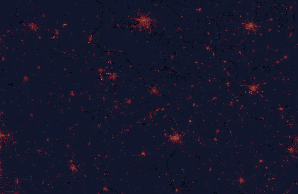 NASA satellite night-lights map of Saxony with every place marked