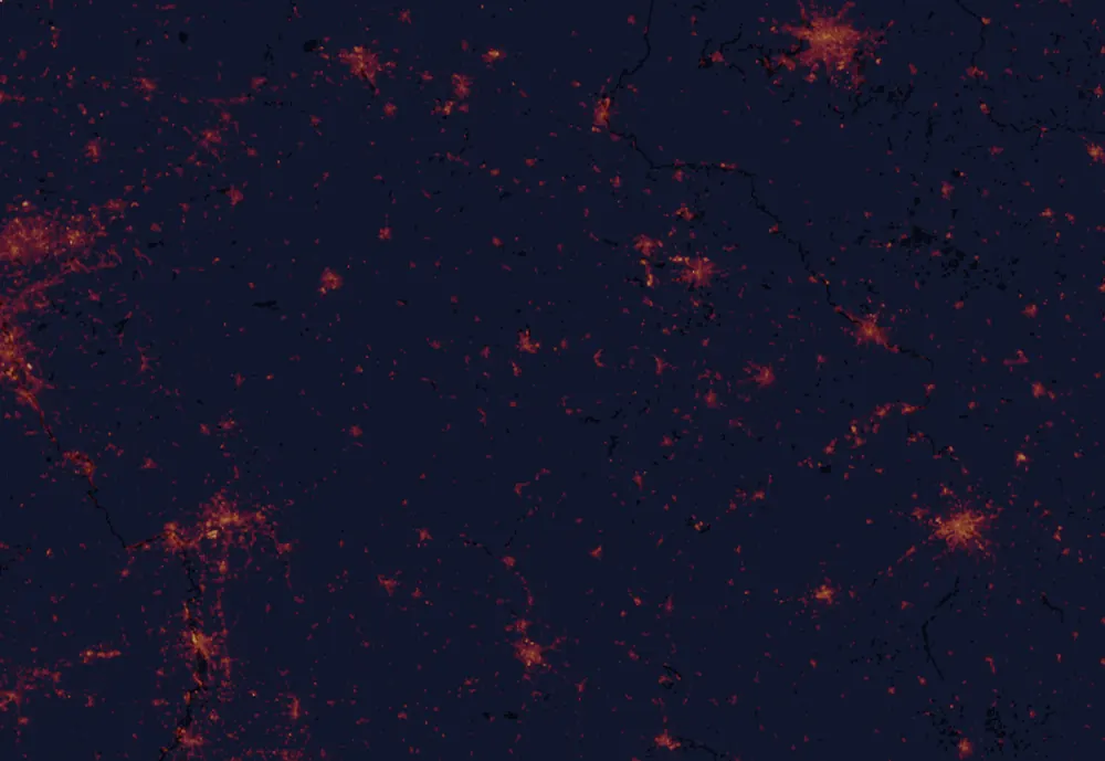 NASA satellite night-lights map of Thuringia with every place marked