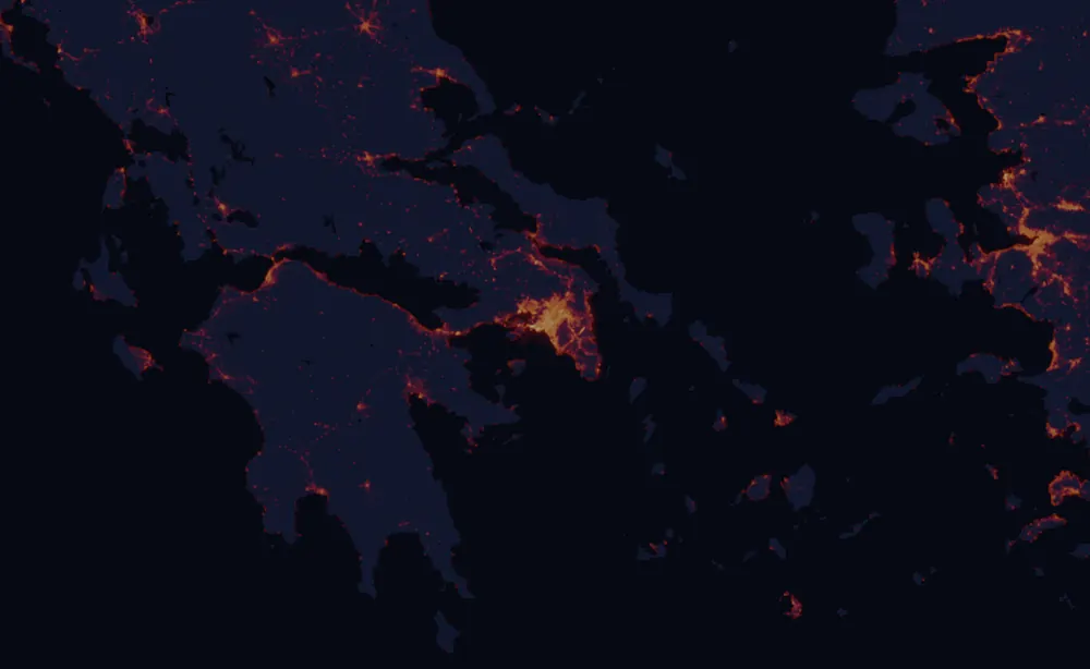 NASA satellite night-lights map of Attica with every place marked