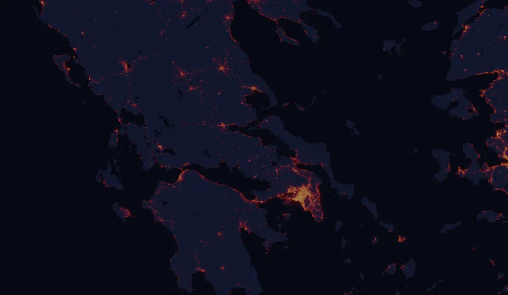 NASA satellite night-lights map of Central Greece with every place marked