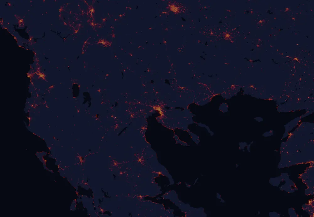 NASA satellite night-lights map of Central Macedonia with every place marked