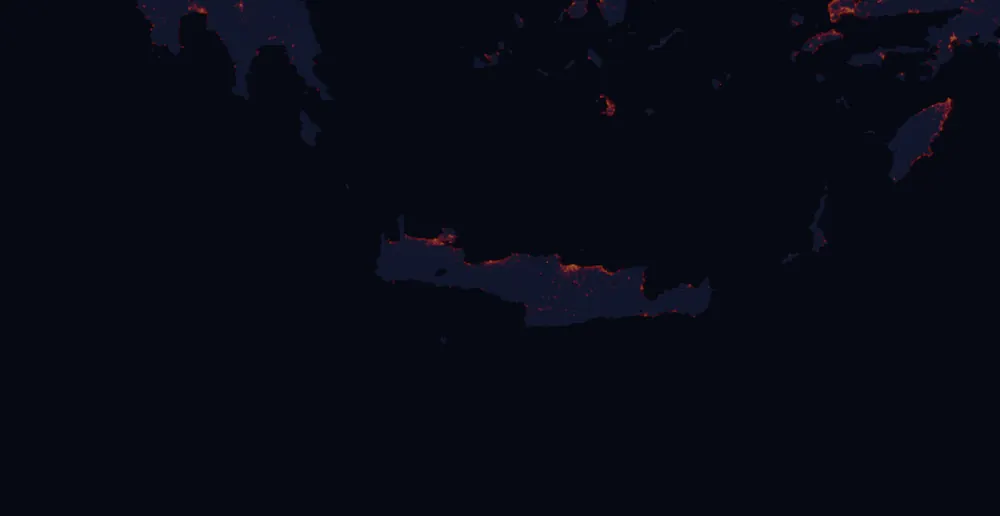 NASA satellite night-lights map of Crete with every place marked