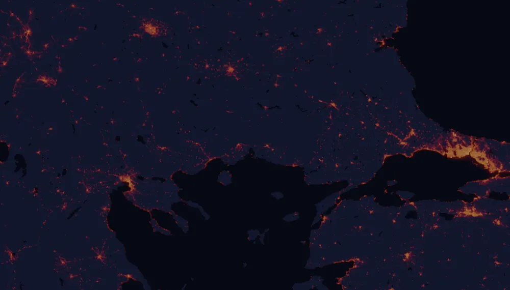 NASA satellite night-lights map of East Macedonia and Thrace with every place marked