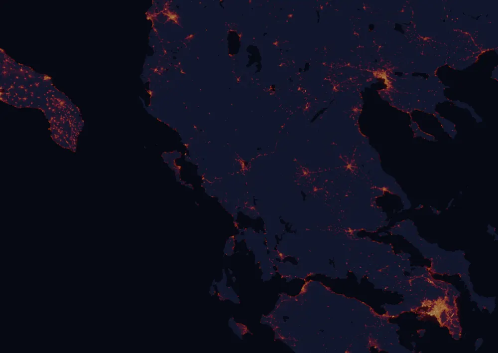 NASA satellite night-lights map of Epirus with every place marked