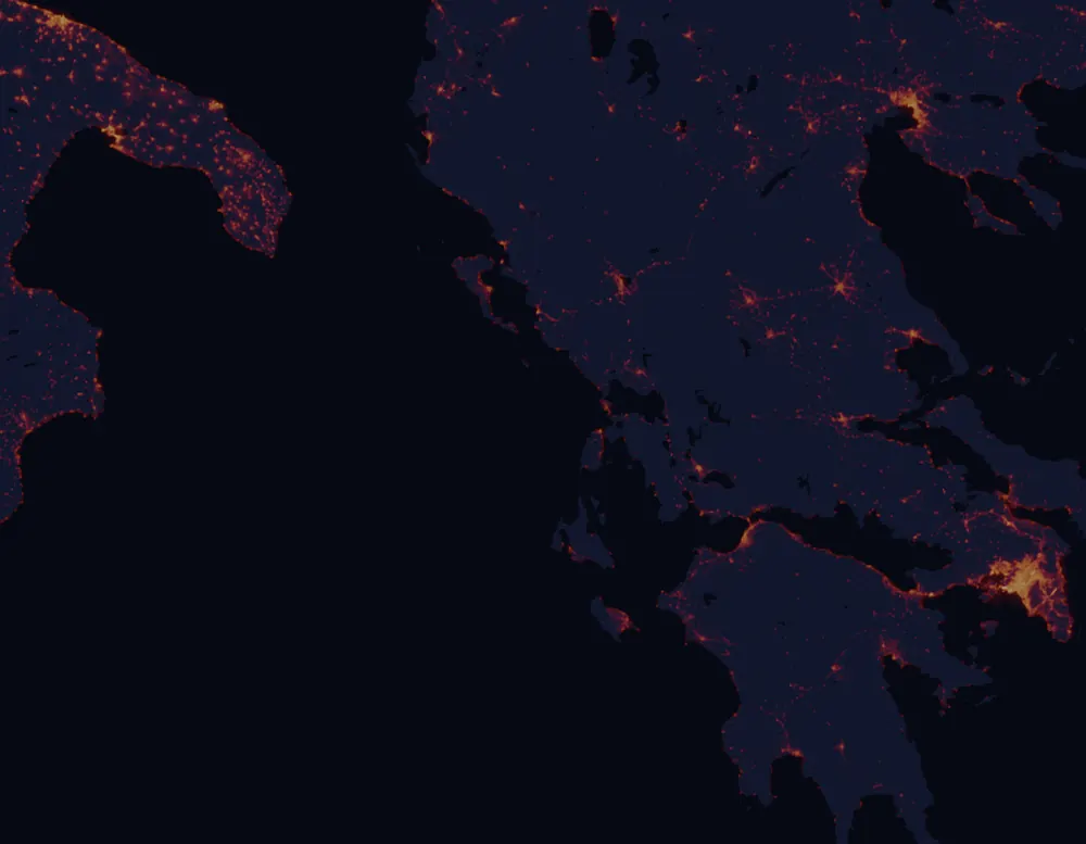 NASA satellite night-lights map of Ionian Islands with every place marked