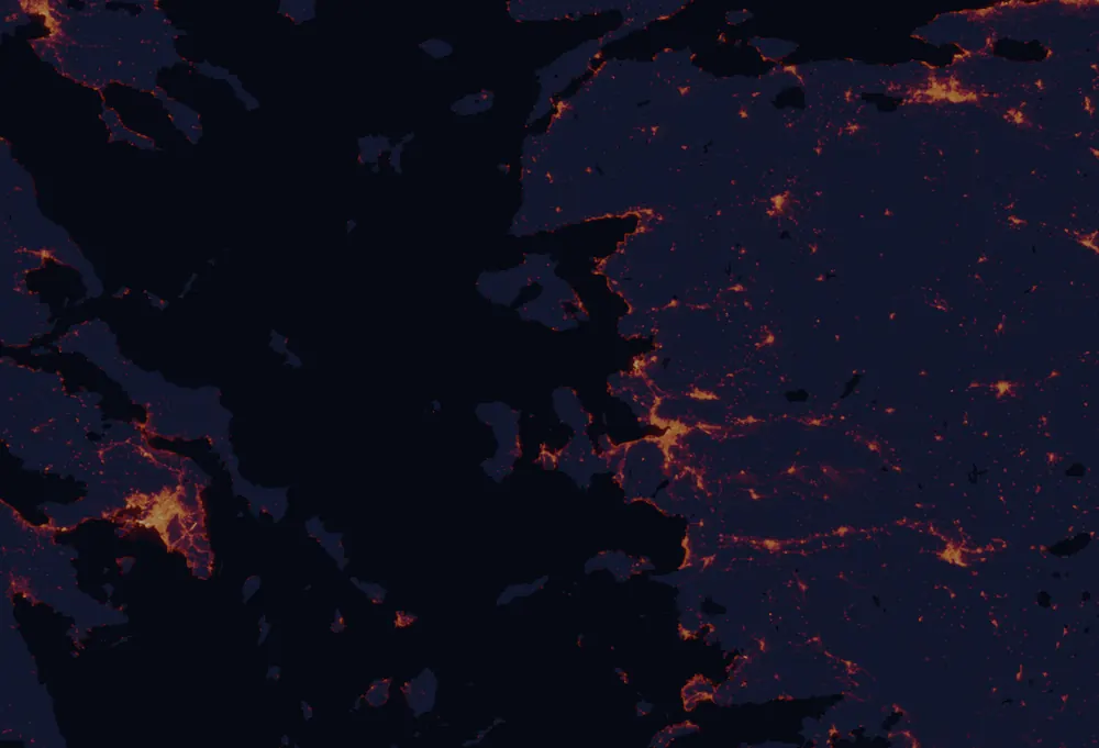 NASA satellite night-lights map of North Aegean with every place marked