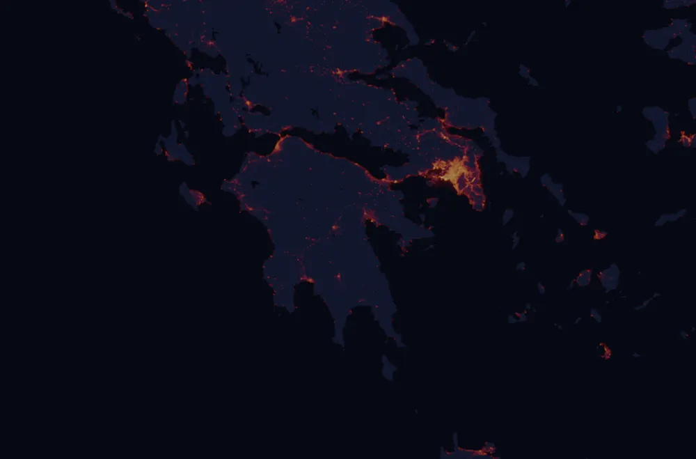 NASA satellite night-lights map of Peloponnese with every place marked