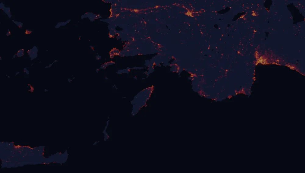 NASA satellite night-lights map of South Aegean with every place marked