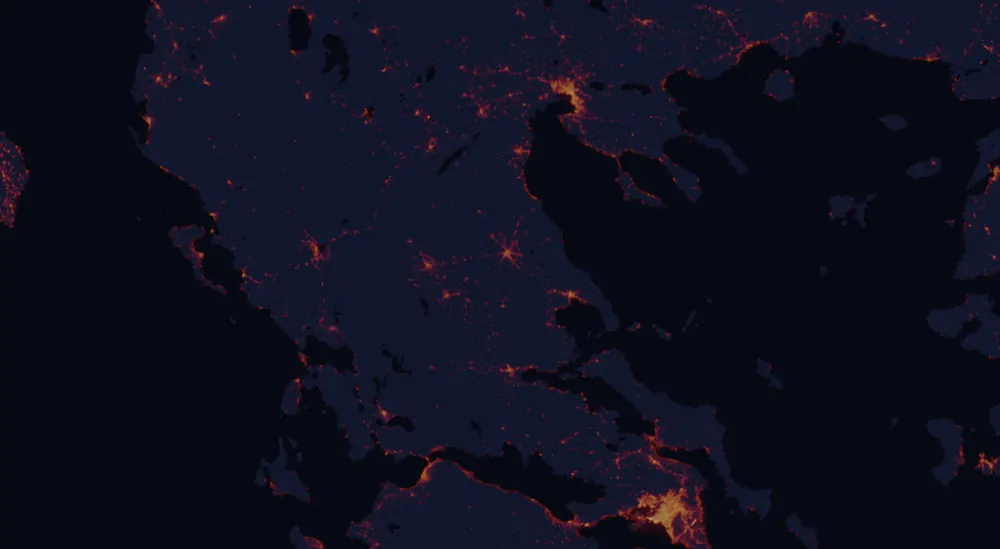 NASA satellite night-lights map of Thessaly with every place marked