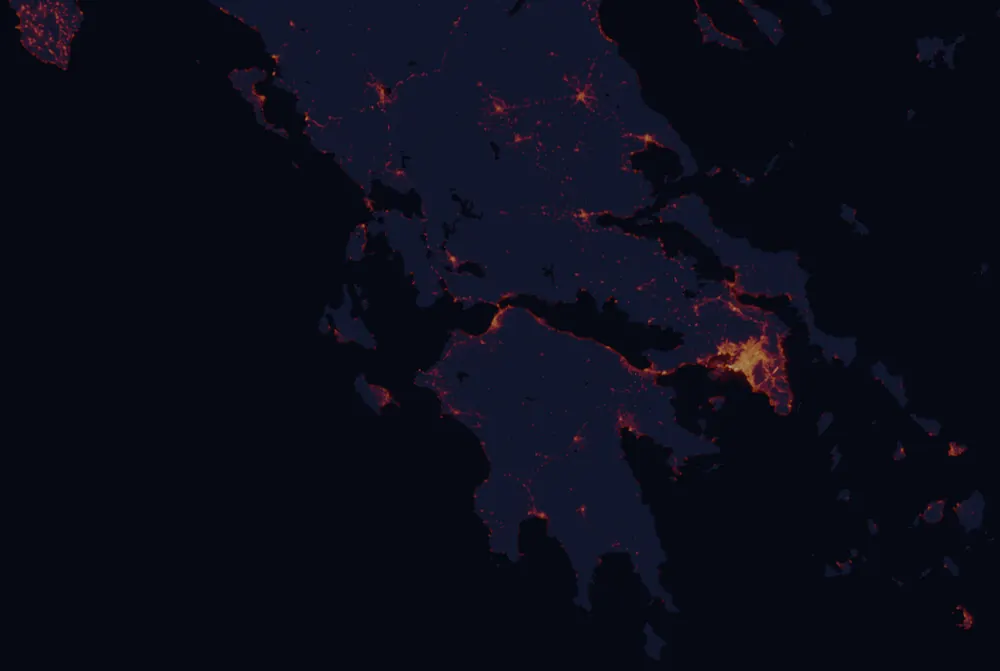 NASA satellite night-lights map of West Greece with every place marked