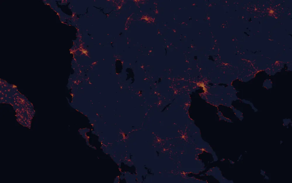 NASA satellite night-lights map of West Macedonia with every place marked
