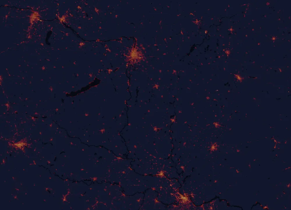 NASA satellite night-lights map of Bács-Kiskun with every place marked
