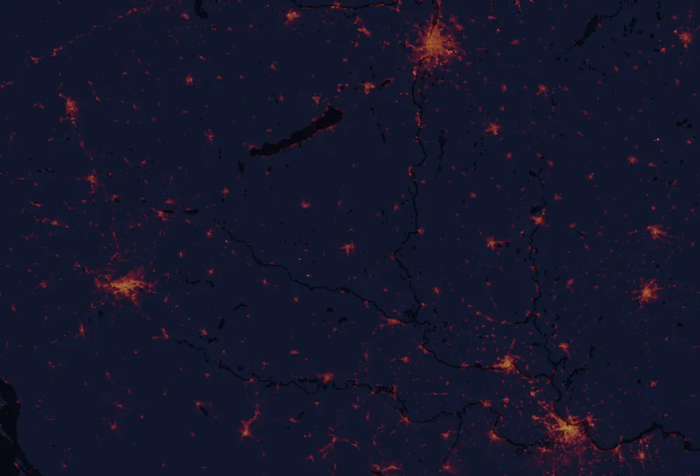 NASA satellite night-lights map of Baranya with every place marked