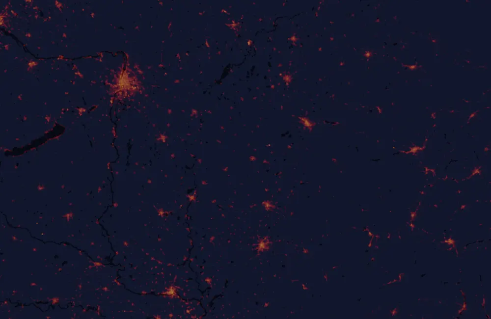 NASA satellite night-lights map of Békés with every place marked