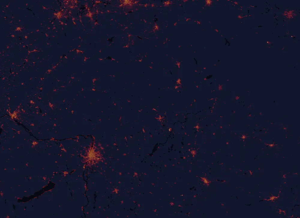 NASA satellite night-lights map of Borsod-Abaúj-Zemplén with every place marked