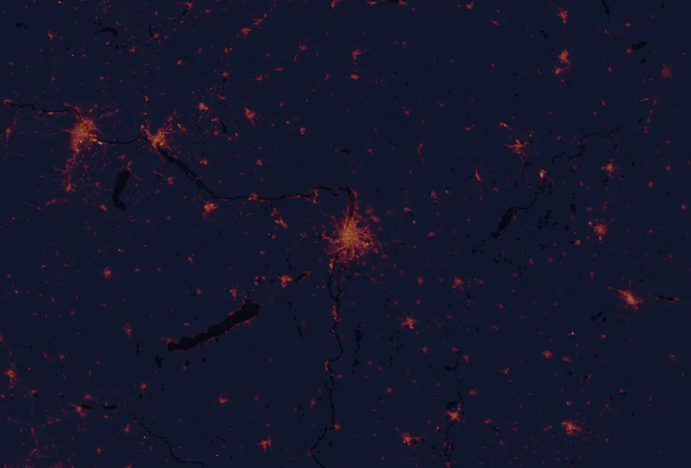 NASA satellite night-lights map of Budapest with every place marked