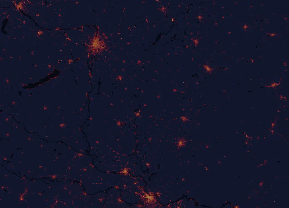 NASA satellite night-lights map of Csongrád-Csanád with every place marked