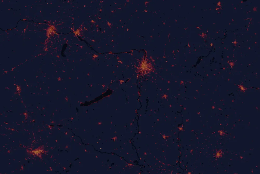 NASA satellite night-lights map of Fejér with every place marked