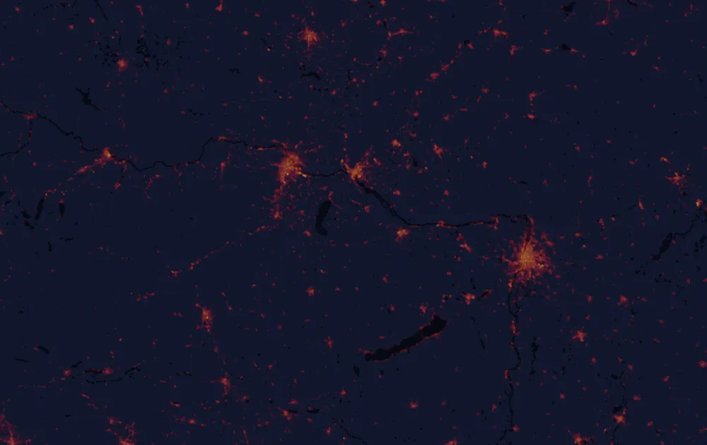 NASA satellite night-lights map of Győr-Moson-Sopron with every place marked