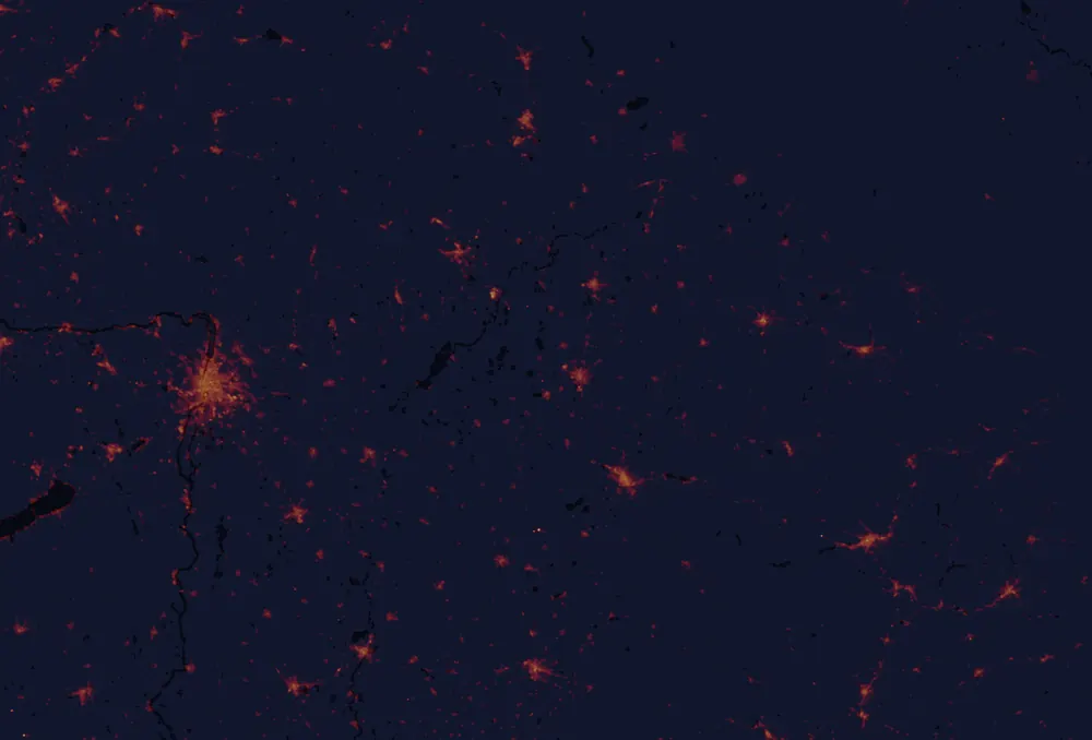 NASA satellite night-lights map of Hajdú-Bihar with every place marked