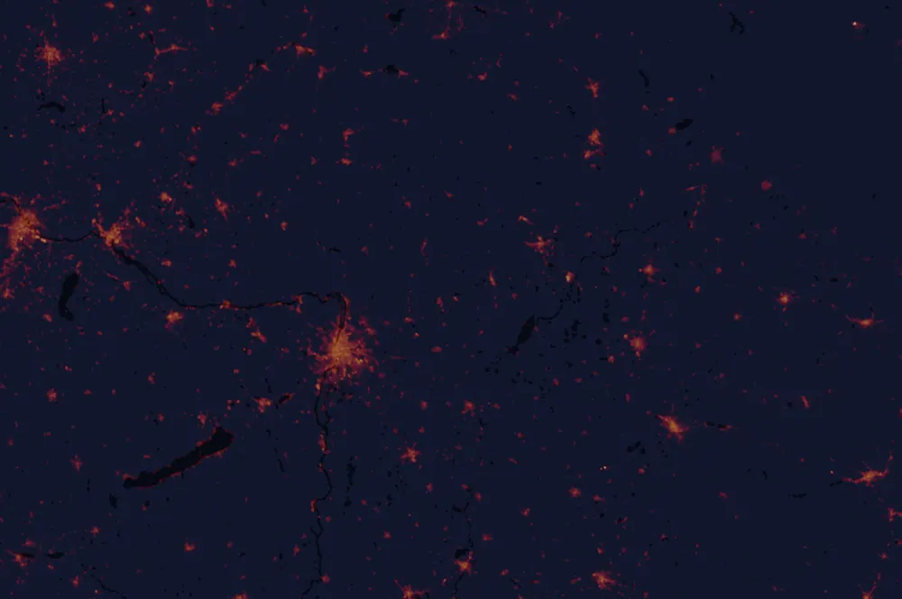 NASA satellite night-lights map of Heves with every place marked
