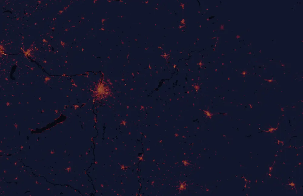 NASA satellite night-lights map of Jász-Nagykun-Szolnok with every place marked