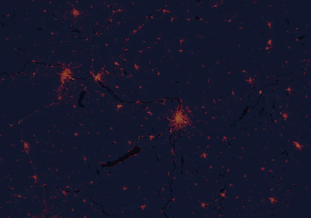 NASA satellite night-lights map of Komárom-Esztergom with every place marked