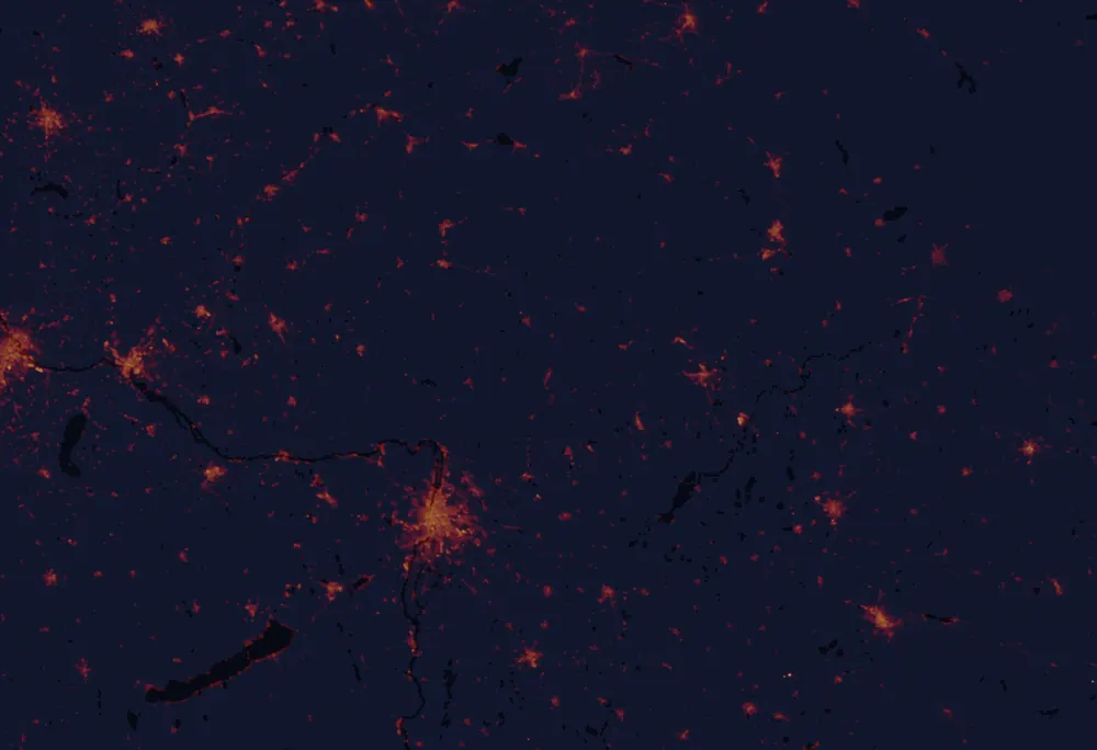 NASA satellite night-lights map of Nógrád with every place marked