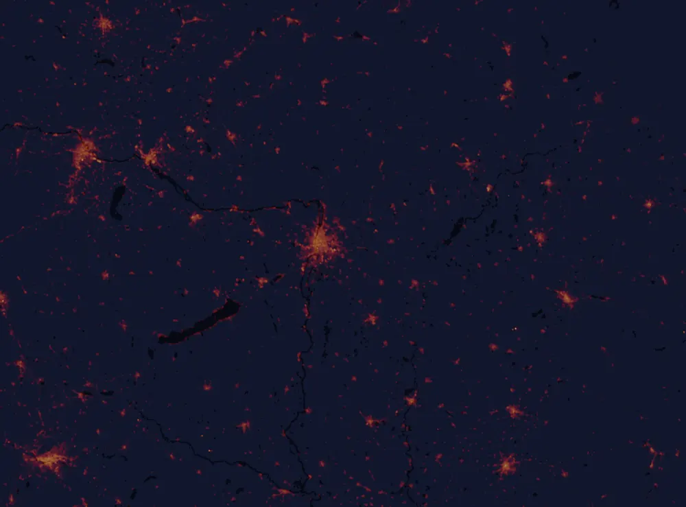 NASA satellite night-lights map of Pest with every place marked