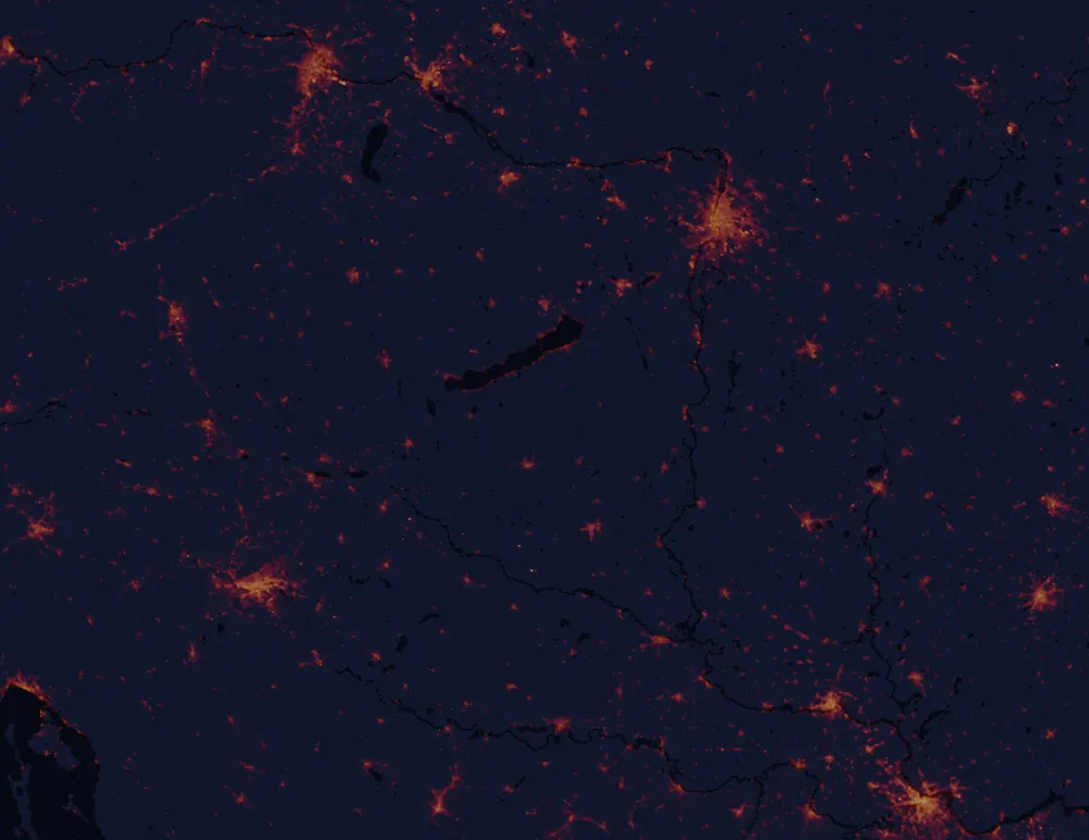 NASA satellite night-lights map of Somogy with every place marked