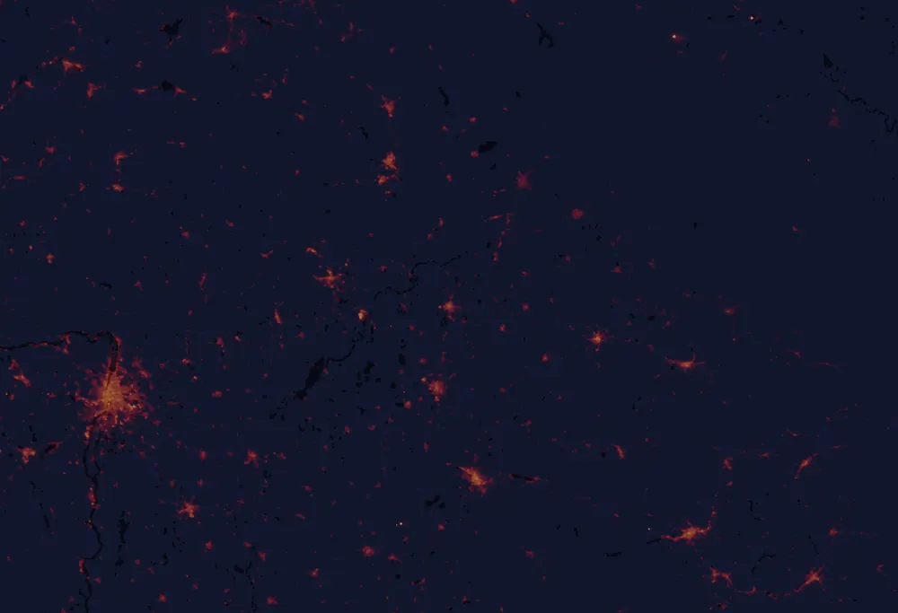 NASA satellite night-lights map of Szabolcs-Szatmár-Bereg with every place marked