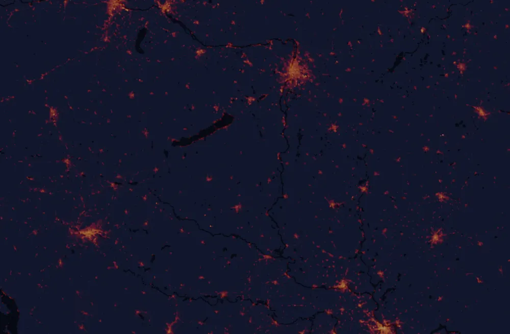 NASA satellite night-lights map of Tolna with every place marked