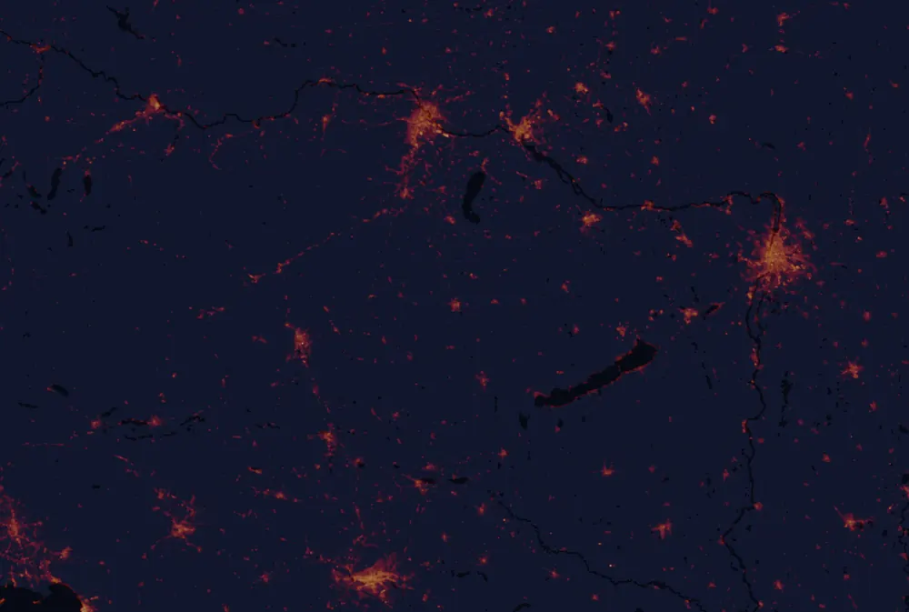 NASA satellite night-lights map of Vas with every place marked