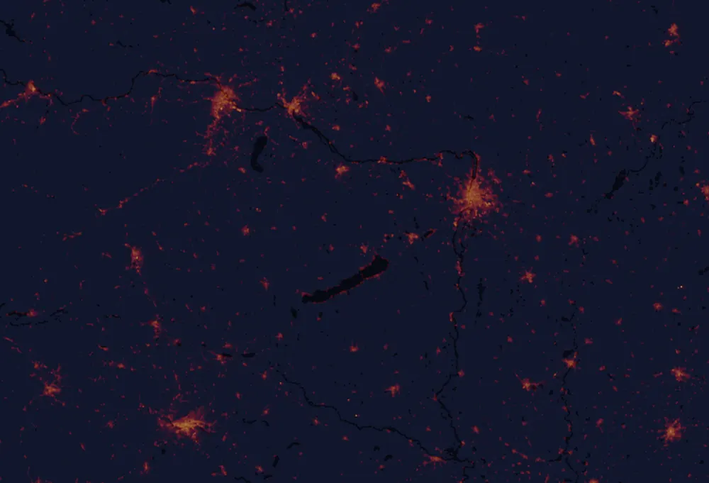 NASA satellite night-lights map of Veszprém with every place marked