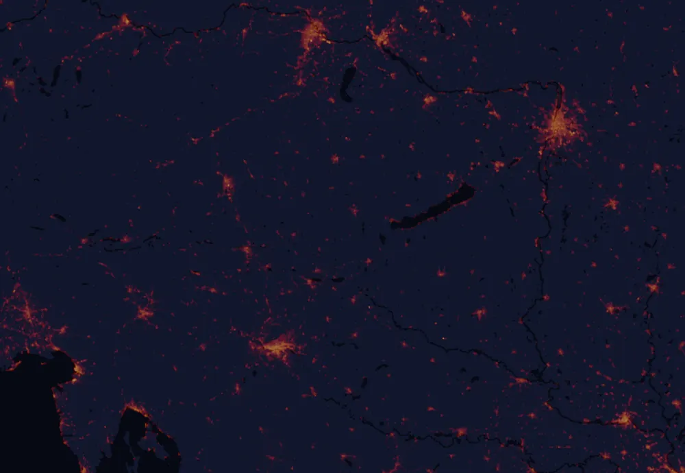 NASA satellite night-lights map of Zala with every place marked