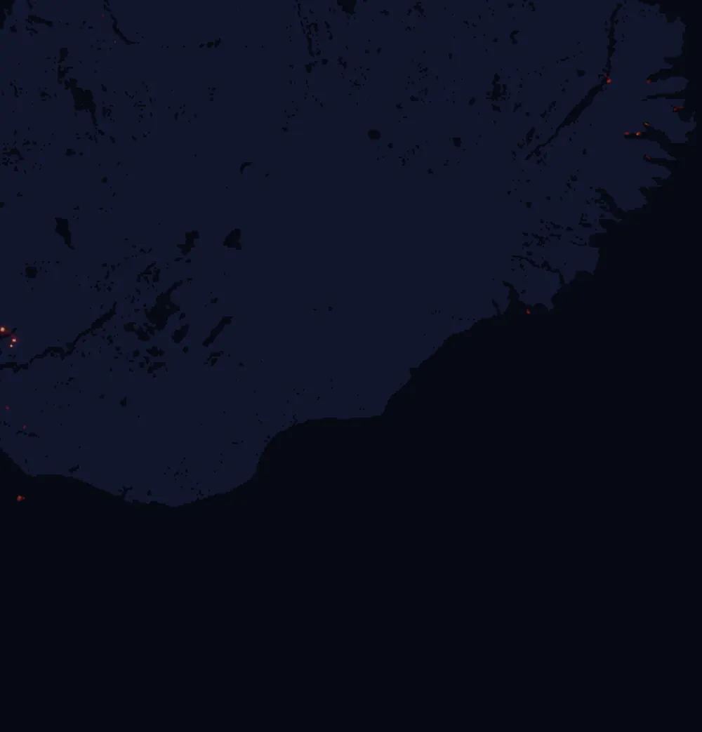 NASA satellite night-lights map of East with every place marked