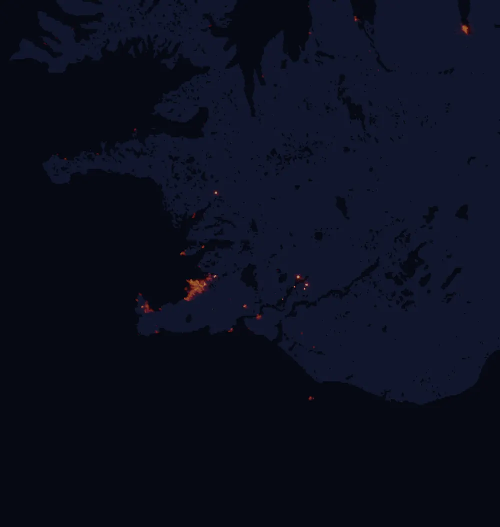 NASA satellite night-lights map of South with every place marked