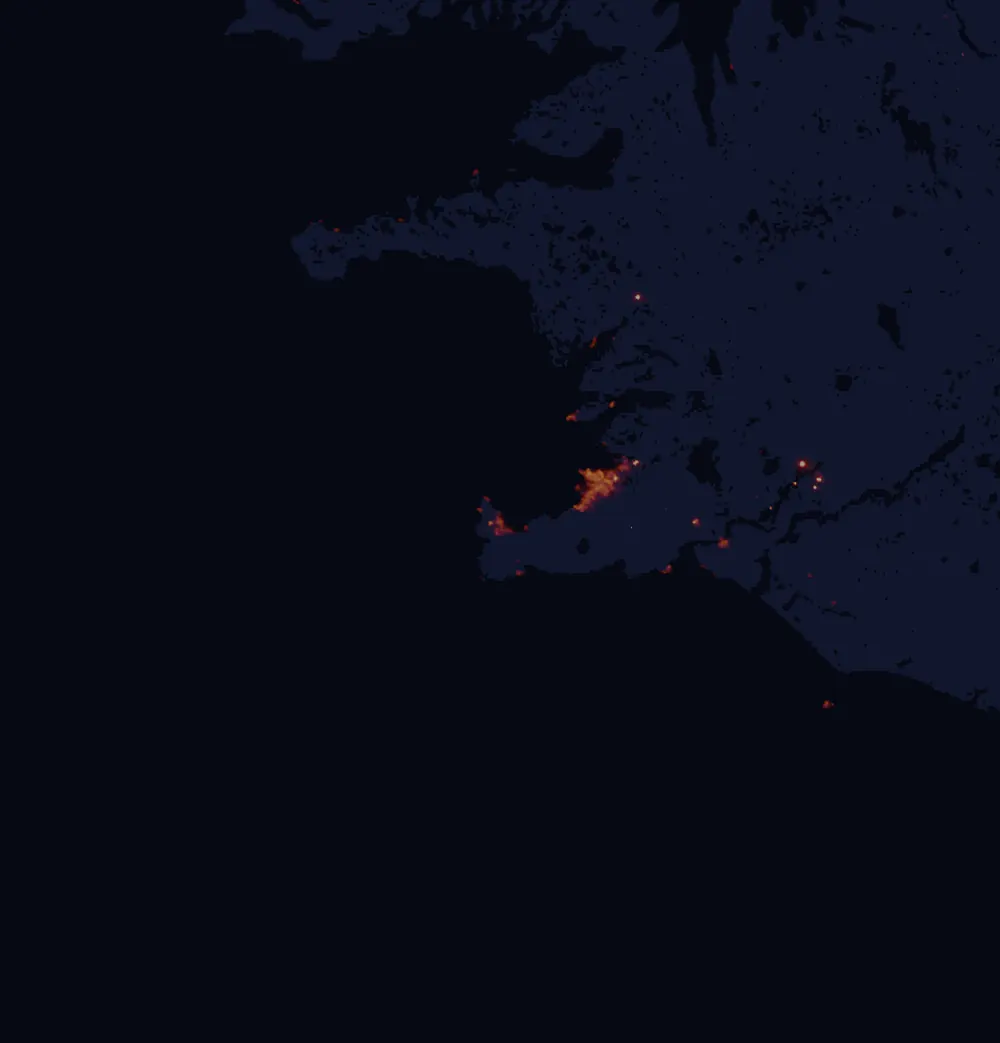 NASA satellite night-lights map of Southern Peninsula with every place marked