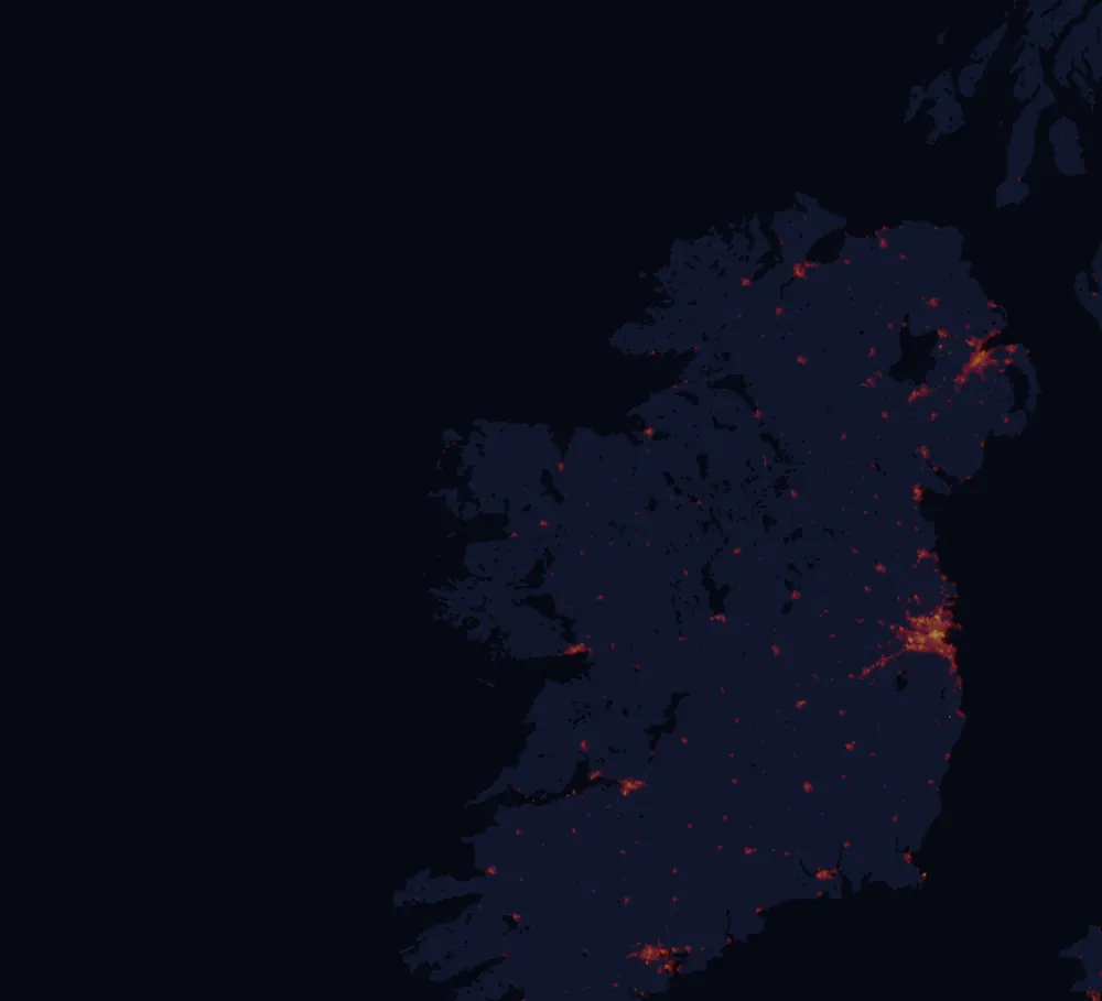 NASA satellite night-lights map of Connacht with every place marked