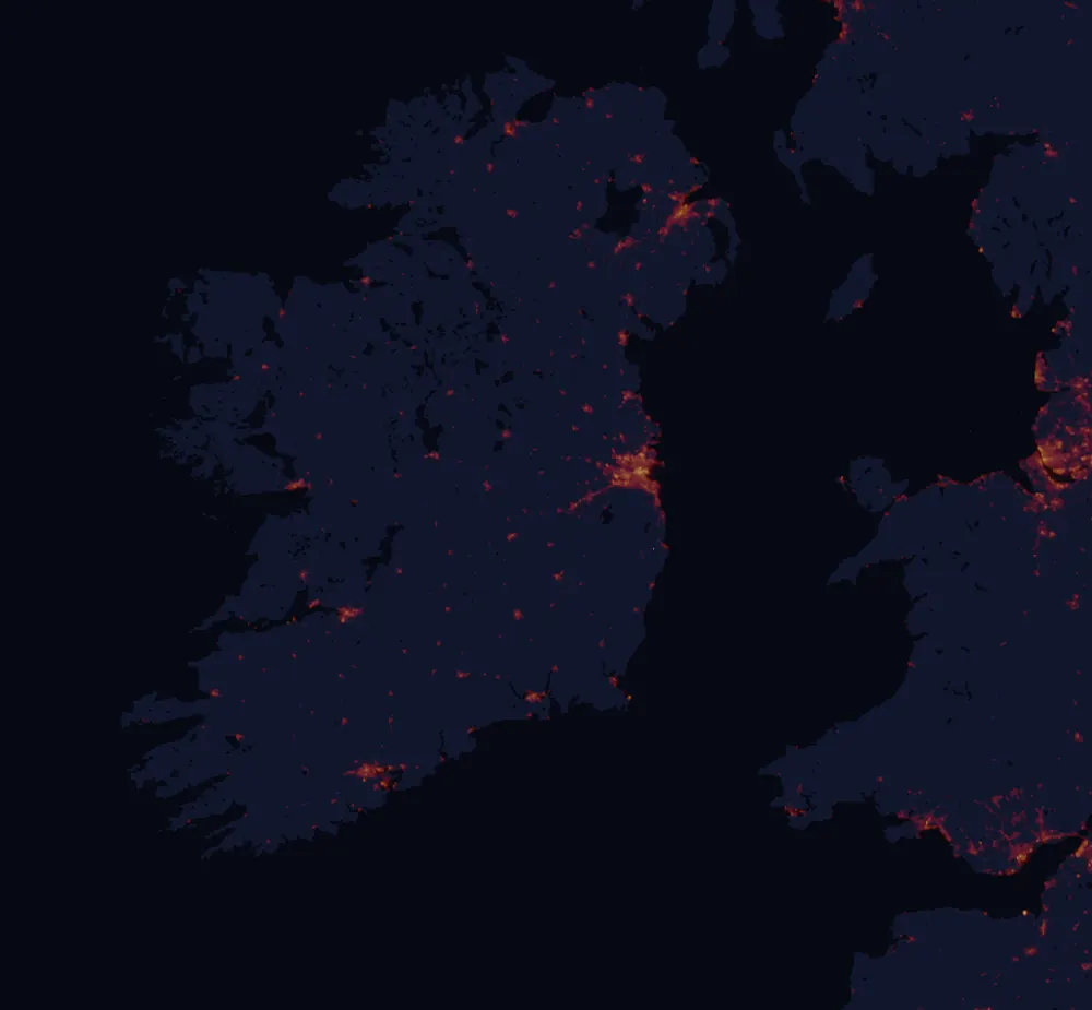 NASA satellite night-lights map of Leinster with every place marked